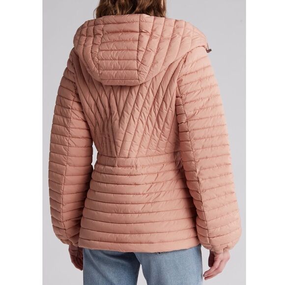 BCBGeneration Diagonal Seam Puffer Hooded Jacket Coral Pink Size Medium (8), NWT - Picture 4 of 16